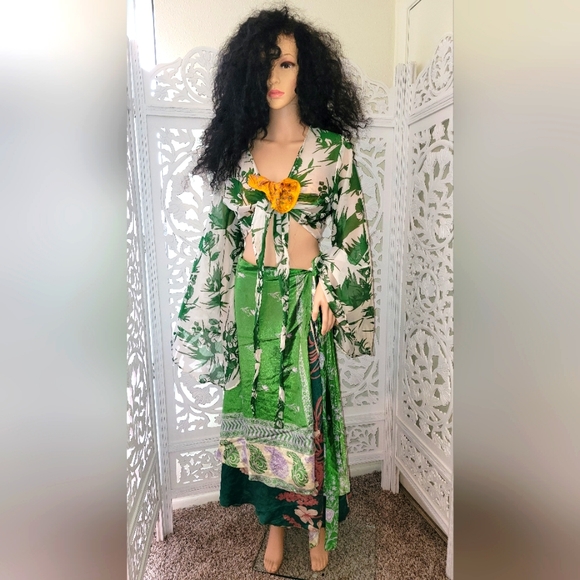 Exotic Silk Boho Green Multicolor Reversible Wrap Maxi Skirt - Picture 1 of 16